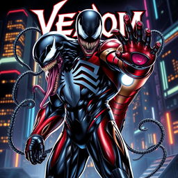 A dynamic fusion of Venom and Iron Man, portraying a powerful superhero with Venom's sleek black symbiote skin and Iron Man's advanced armor
