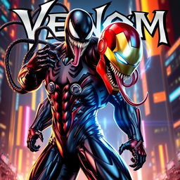 A dynamic fusion of Venom and Iron Man, portraying a powerful superhero with Venom's sleek black symbiote skin and Iron Man's advanced armor