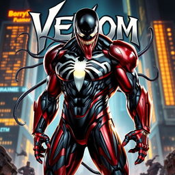 A dynamic fusion of Venom and Iron Man, portraying a powerful superhero with Venom's sleek black symbiote skin and Iron Man's advanced armor