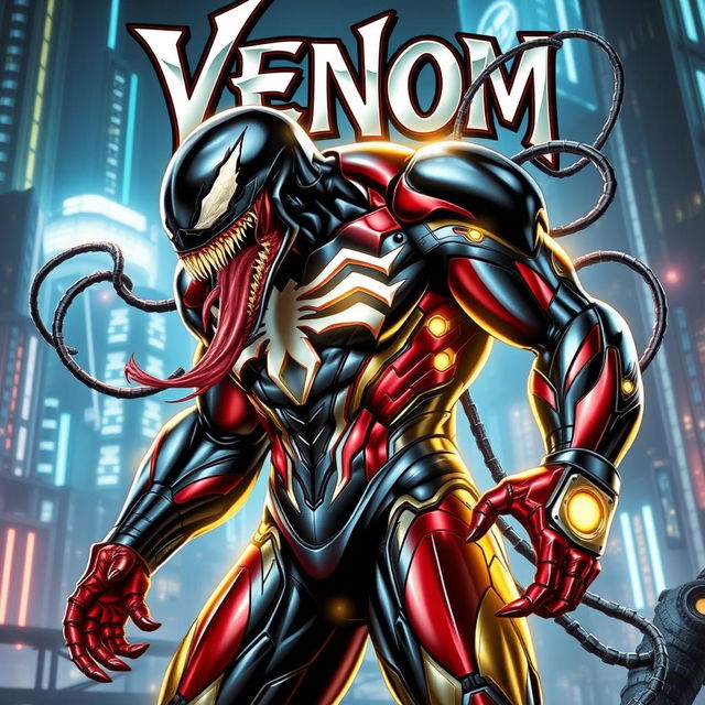 A dynamic fusion of Venom and Iron Man, portraying a powerful superhero with Venom's sleek black symbiote skin and Iron Man's advanced armor