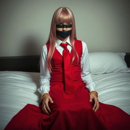 A girl with long pink hair, elegantly dressed in a neat long-sleeved white shirt, a flowing long red skirt, complemented by a striking red tie and a fitted red vest