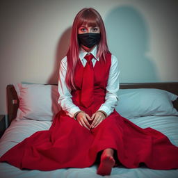 A girl with long pink hair, elegantly dressed in a neat long-sleeved white shirt, a flowing long red skirt, complemented by a striking red tie and a fitted red vest