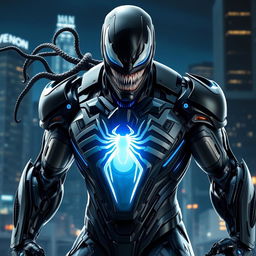 An epic fusion of Venom and Iron Man, showcasing a powerful armored suit that blends the sleek, high-tech design of Iron Man with the organic, menacing features of Venom