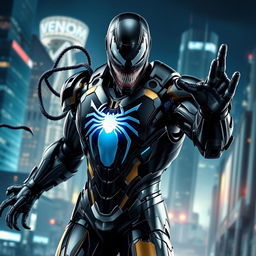An epic fusion of Venom and Iron Man, showcasing a powerful armored suit that blends the sleek, high-tech design of Iron Man with the organic, menacing features of Venom