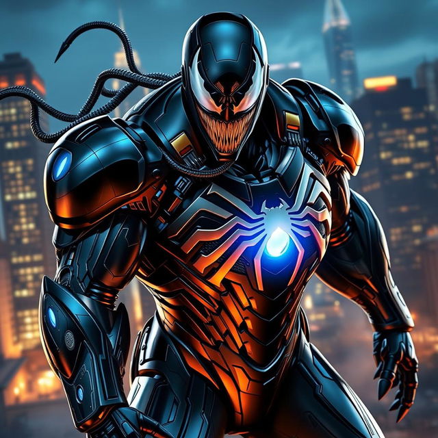 An epic fusion of Venom and Iron Man, showcasing a powerful armored suit that blends the sleek, high-tech design of Iron Man with the organic, menacing features of Venom