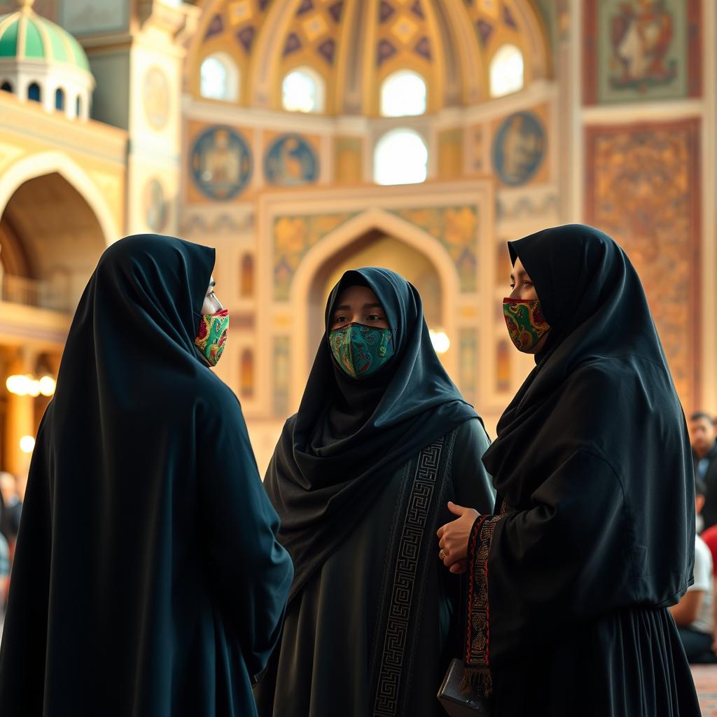 Three women in traditional Iranian attire, adorned in colorful Iranian masks, engaged in a serene setting near a molla (Islamic scholar) who is leading a prayer