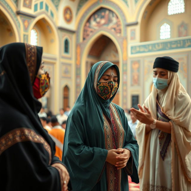 Three women in traditional Iranian attire, adorned in colorful Iranian masks, engaged in a serene setting near a molla (Islamic scholar) who is leading a prayer