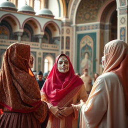 Three women in traditional Iranian attire, adorned in colorful Iranian masks, engaged in a serene setting near a molla (Islamic scholar) who is leading a prayer