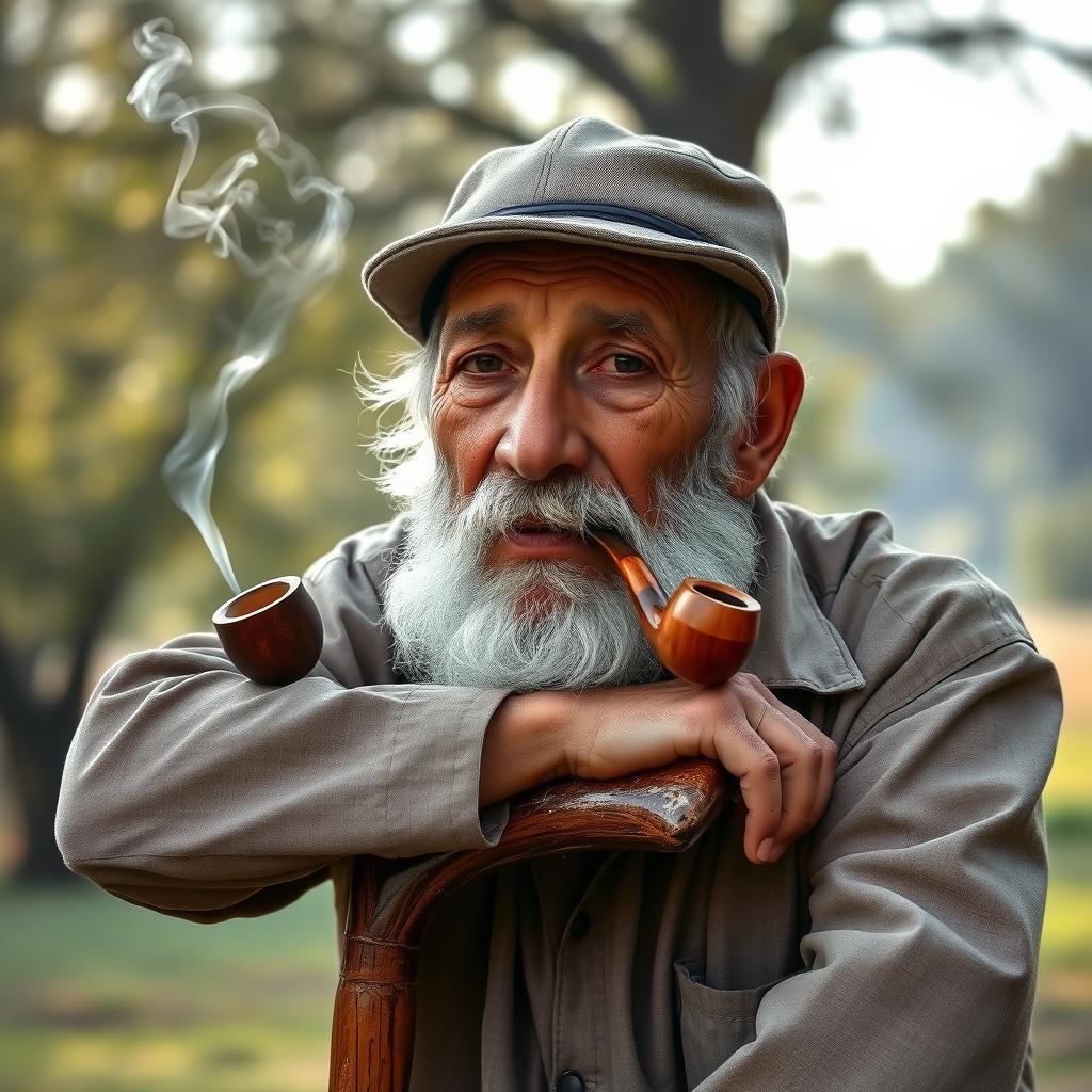 An elderly man with a weathered face and white beard, wearing a traditional cap and casual clothing