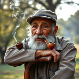 An elderly man with a weathered face and white beard, wearing a traditional cap and casual clothing