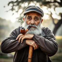An elderly man with a weathered face and white beard, wearing a traditional cap and casual clothing