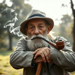 An elderly man with a weathered face and white beard, wearing a traditional cap and casual clothing