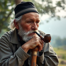 An elderly man with a weathered face and white beard, wearing a traditional cap and casual clothing
