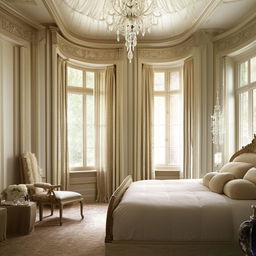 A visually stunning Neoclassical bedroom featuring elegant furniture, intricate trim details, soothing color palette, tall windows with luxurious drapes and timeless artwork.