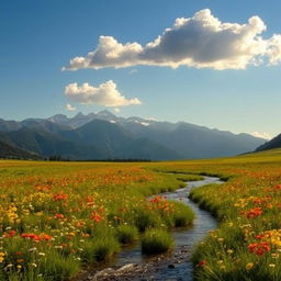 A serene and picturesque landscape featuring an expansive meadow filled with vibrant wildflowers under a clear blue sky