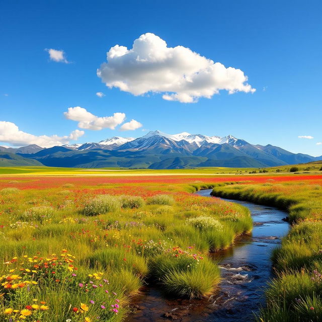 A serene and picturesque landscape featuring an expansive meadow filled with vibrant wildflowers under a clear blue sky