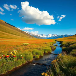 A serene and picturesque landscape featuring an expansive meadow filled with vibrant wildflowers under a clear blue sky