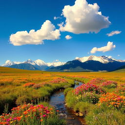 A serene and picturesque landscape featuring an expansive meadow filled with vibrant wildflowers under a clear blue sky