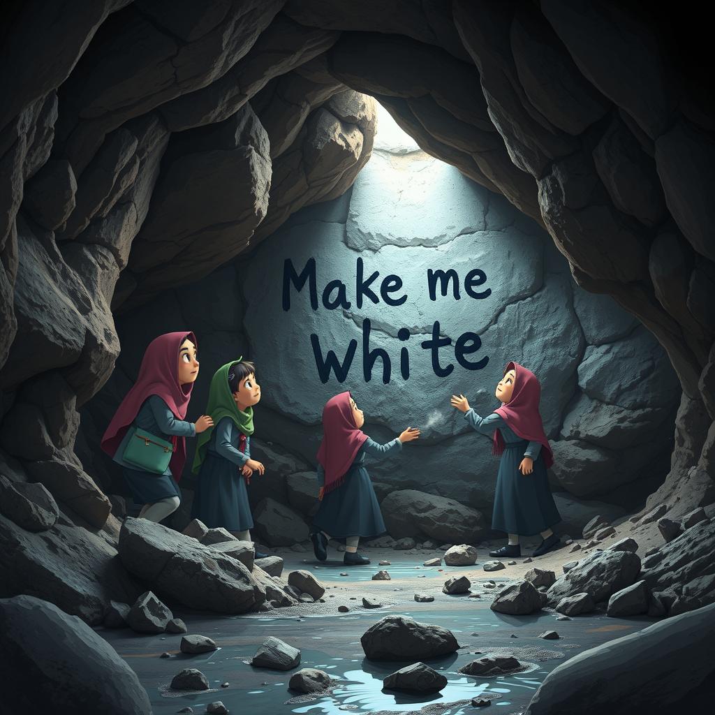 A group of Iranian schoolgirls, wearing traditional school uniforms and hijabs, are exploring a dark, eerie cave