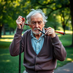 An elderly man with a weathered face and gray hair, confidently holding a walking stick behind his head on his shoulders, with his hands resting on it