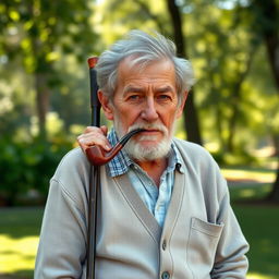 An elderly man with a weathered face and gray hair, confidently holding a walking stick behind his head on his shoulders, with his hands resting on it