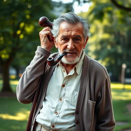An elderly man with a weathered face and gray hair, confidently holding a walking stick behind his head on his shoulders, with his hands resting on it