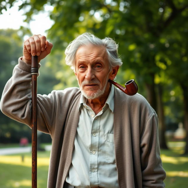 An elderly man with a weathered face and gray hair, confidently holding a walking stick behind his head on his shoulders, with his hands resting on it