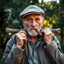 An elderly man with deep wrinkles and a thoughtful expression, holding a rustic wooden stick behind his neck and resting his hands on it