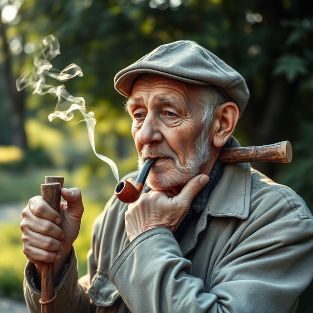 An elderly man with deep wrinkles and a thoughtful expression, holding a rustic wooden stick behind his neck and resting his hands on it