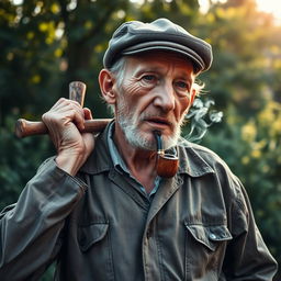 An elderly man with deep wrinkles and a thoughtful expression, holding a rustic wooden stick behind his neck and resting his hands on it
