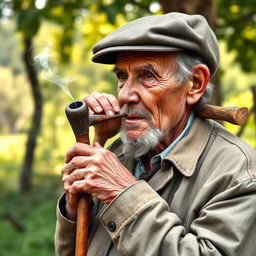 An elderly man with deep wrinkles and a thoughtful expression, holding a rustic wooden stick behind his neck and resting his hands on it