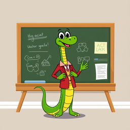 A playful green cartoon snake character dressed in a sharp red suit, confidently standing in front of a blackboard as a speaker