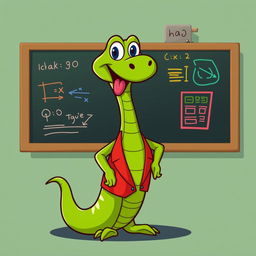 A playful green cartoon snake character dressed in a sharp red suit, confidently standing in front of a blackboard as a speaker