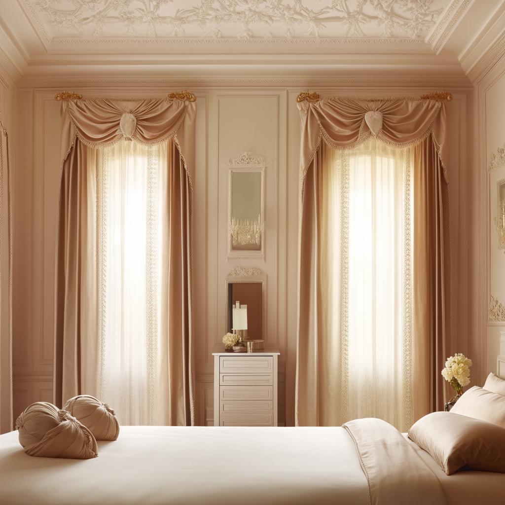 A visually stunning Neoclassical bedroom featuring elegant furniture, intricate trim details, soothing color palette, tall windows with luxurious drapes and timeless artwork.