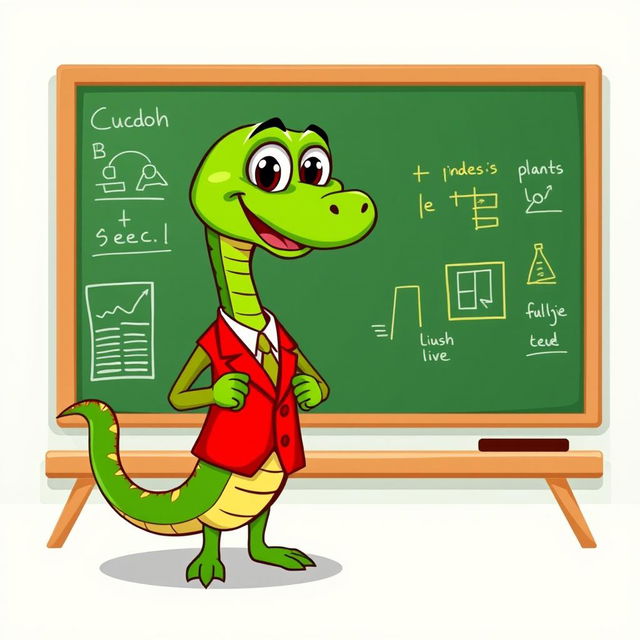 A playful green cartoon snake character dressed in a sharp red suit, confidently standing in front of a blackboard as a speaker