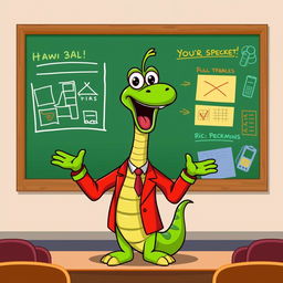 A playful green cartoon snake character dressed in a sharp red suit, confidently standing in front of a blackboard as a speaker