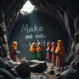 A group of Iranian schoolgirls, wearing colorful traditional school uniforms and hijabs, are depicted in a dark, mysterious cave