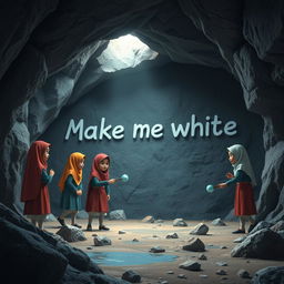 A group of Iranian schoolgirls, wearing colorful traditional school uniforms and hijabs, are depicted in a dark, mysterious cave