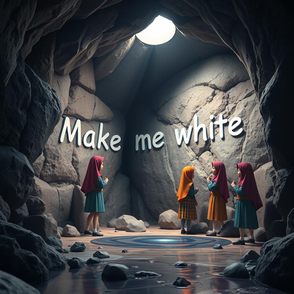 A group of Iranian schoolgirls, wearing colorful traditional school uniforms and hijabs, are depicted in a dark, mysterious cave