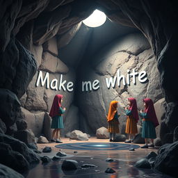A group of Iranian schoolgirls, wearing colorful traditional school uniforms and hijabs, are depicted in a dark, mysterious cave