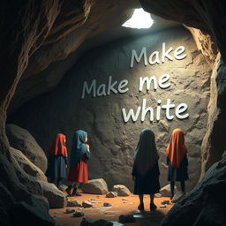 A group of Iranian schoolgirls, wearing colorful traditional school uniforms and hijabs, are depicted in a dark, mysterious cave