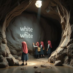 A group of Iranian schoolgirls, dressed in traditional school uniforms and hijabs, are exploring a dark, mysterious cave