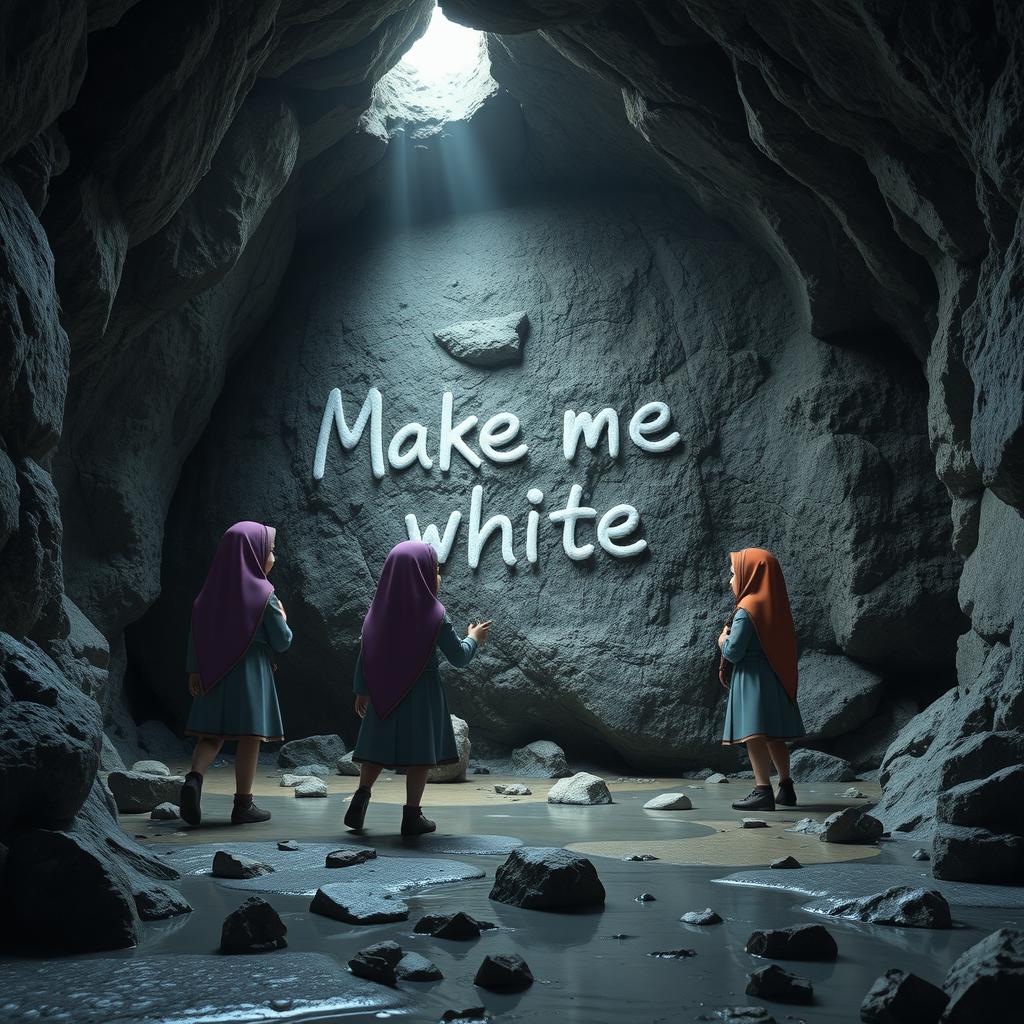 A group of Iranian schoolgirls, dressed in traditional school uniforms and hijabs, are exploring a dark, mysterious cave