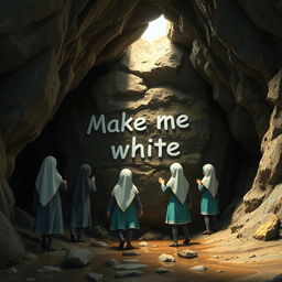A group of Iranian schoolgirls, dressed in traditional school uniforms and hijabs, are exploring a dark, mysterious cave