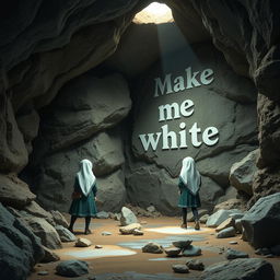 A group of Iranian schoolgirls, dressed in traditional school uniforms and hijabs, are exploring a dark, mysterious cave