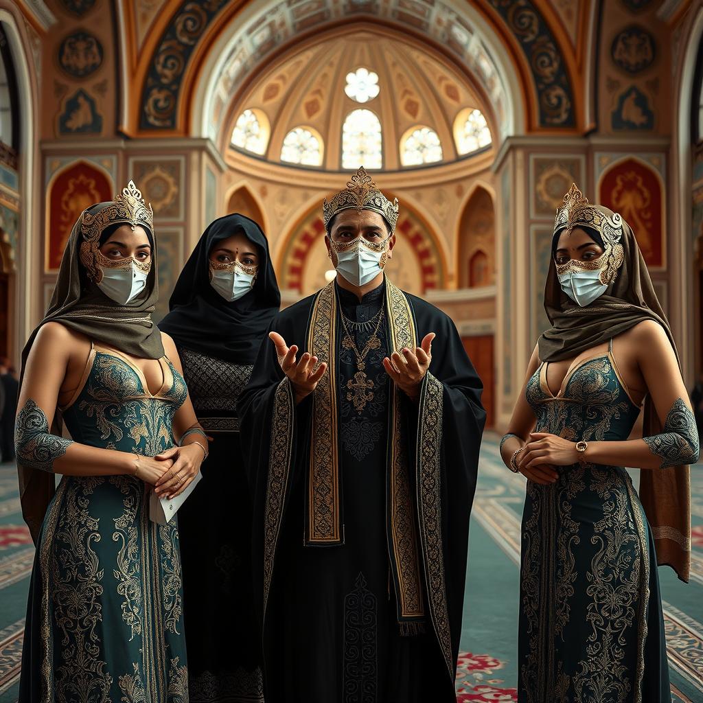 Three sexy women wearing elegant Iranian masks and stylish traditional attire, positioned gracefully near a molla (Islamic scholar) who is leading a prayer