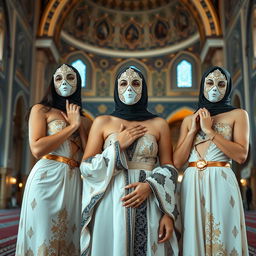 Three sexy women wearing elegant Iranian masks and stylish traditional attire, positioned gracefully near a molla (Islamic scholar) who is leading a prayer