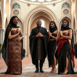 Three sexy women wearing elegant Iranian masks and stylish traditional attire, positioned gracefully near a molla (Islamic scholar) who is leading a prayer