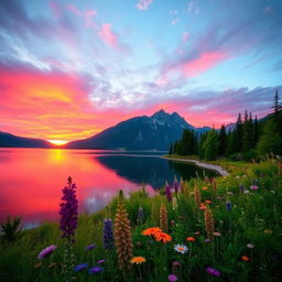 A stunning landscape showing a vibrant sunset over a serene lake, surrounded by majestic mountains in the background
