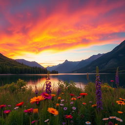 A stunning landscape showing a vibrant sunset over a serene lake, surrounded by majestic mountains in the background